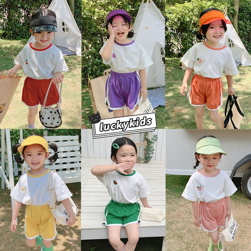 Bộ Đồ Gồm 2 Món Áo Thun Cotton In Hình Trái Cây + Quần Short Trơn Màu Cho Bé