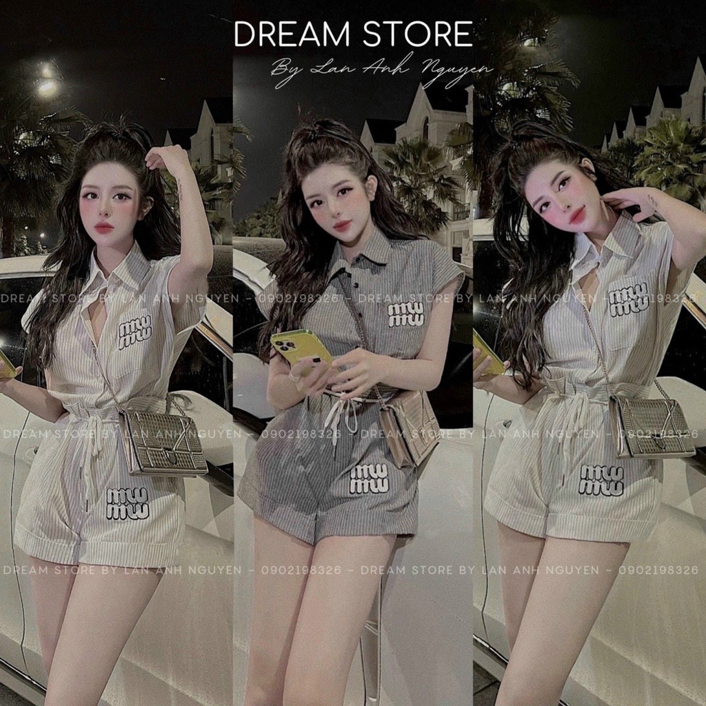 Sét Bộ Thời Trang Nữ Đi Chơi- Sét Bộ Thun Gân Đùi Sọc Thêu Chữ Miumiu Cổ Sơ Mi Mix Quần Đùi Có Lưng Bản