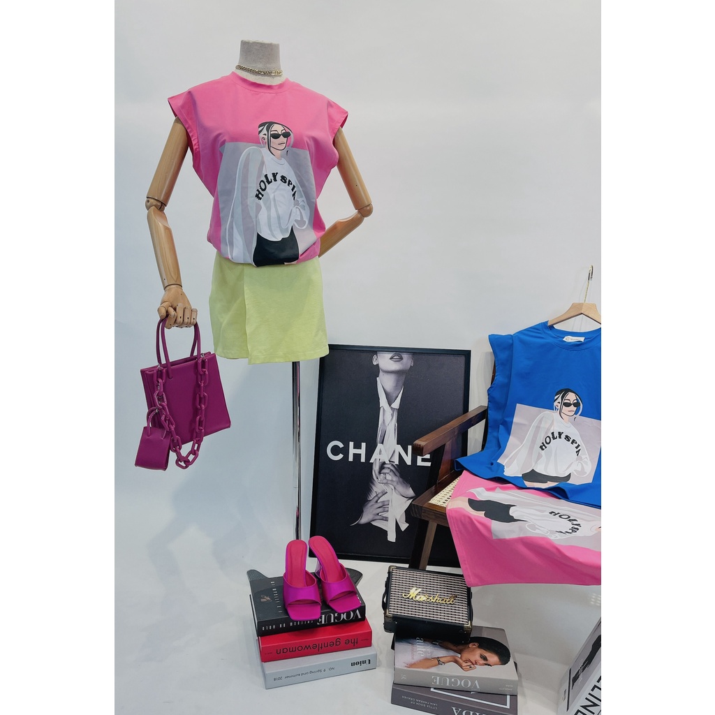 Áo thun nữ kiểu trễ vai Holy girl 2 màu hồng và xanh chất cotton 100% siêu mịn mát mịn