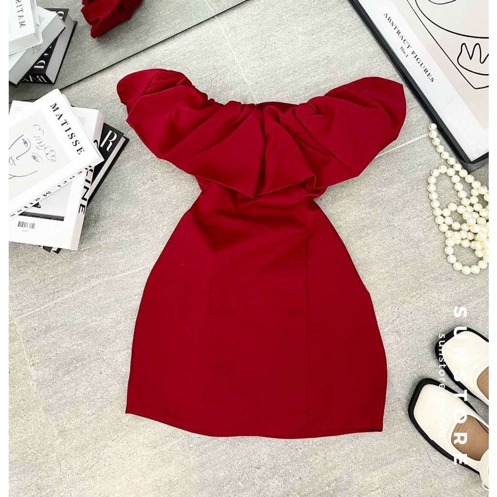 Đầm dự tiệc trễ vai dáng ngắn mini váy bút chì không tay bèo phồng màu đỏ