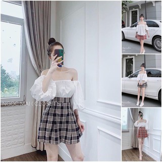 SET ÁO TRỄ VAI + CHÂN VÁY CARO