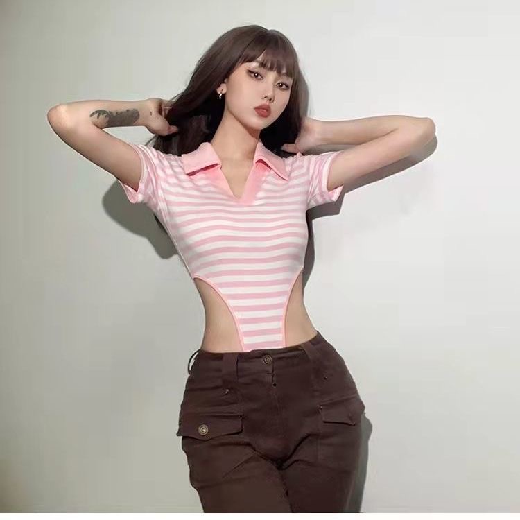 Áo liền quần MMIOT Y2K cổ chữ V tay ngắn cổ bẻ họa tiết kẻ sọc phong cách Anh quốc thời trang mùa hè 2023 cho nữ