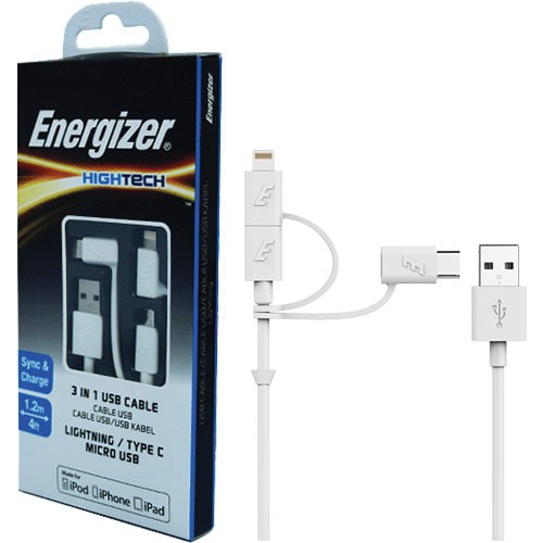 Cáp 3 trong 1 Micro USB - Lightning - USB Type-C Energizer 1.2m C11UBX3CF - Hàng chính hãng