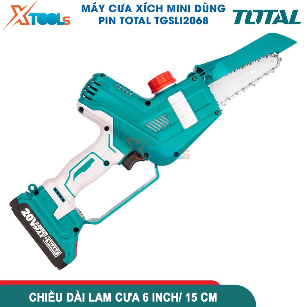 Máy cưa xích mini dùng pin TOTAL TGSLI2068 20V, chiều dài lam cưa 6inch kèm dây xích không gồm pin sạc-CHÍNH HÃNG-XTOOLS