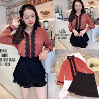 Sét áo sơ mi tay dài viền ren phối chân váy xòe lai dập ly hàng Thiết Kế