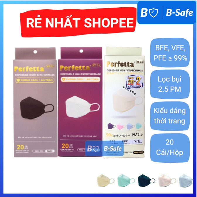 [CAO CẤP] Khẩu trang KF94 PERFETTA Trắng/Đen/Mix màu (20 Cái/Hộp) - 3 lớp kháng khuẩn - Bsafe