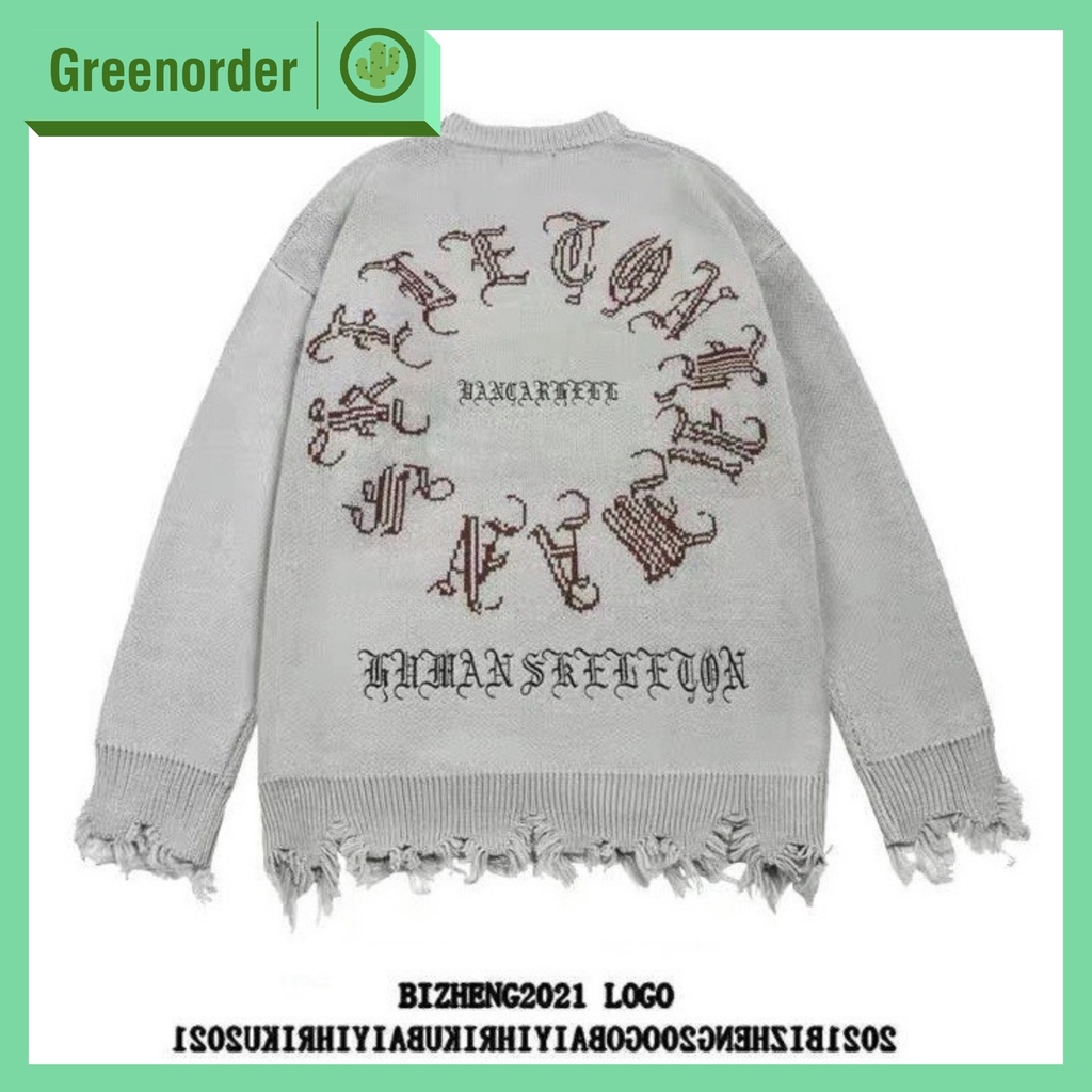 Áo nỉ sweater vải len họa tiết rách đường phố