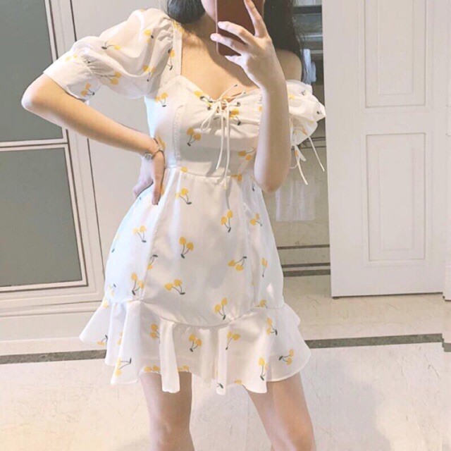 Đầm nữ trắng họa tiết cherry vàng cúp ngực công chúa siêu xinh - cece house | BigBuy360 - bigbuy360.vn