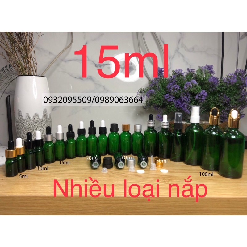 Chai lọ 15ml xanh lá đựng serum mỹ phẩm tinh dầu