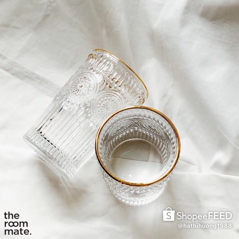 Bộ 6 cốc thủy tinh chịu nhiệt, họa tiết nổi, viền vàng | BigBuy360 - bigbuy360.vn