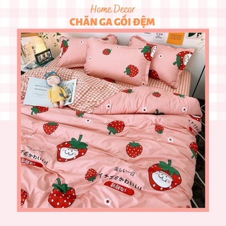 🍓Set chăn ga gối poly 4 món - mẫu dâu nhật