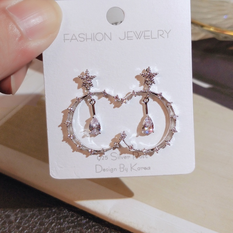 [Jiudolan] Khuyên Tai Tròn Đính Đá Zircon Ngôi Sao Mặt Trăng Hàn Quốc Cho Nữ