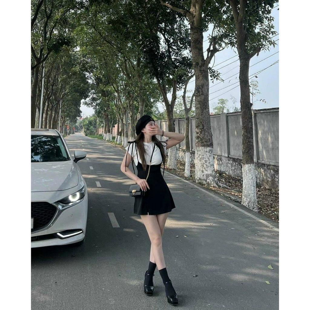 Set Váy Yếm Umi Kèm Áo Thun Croptop Trắng - Set 2 Món Áo Trắng Kèm Yếm 2 Dây Có Quần Trong