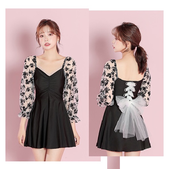 Bộ đồ bơi nữ liền dáng váy tay ren thắt nơ lưng siêu xinh