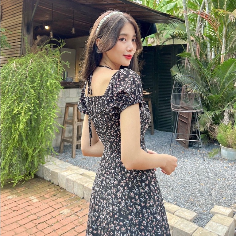 Đâm ANNA - Đầm hoa nhún ngực cột cổ