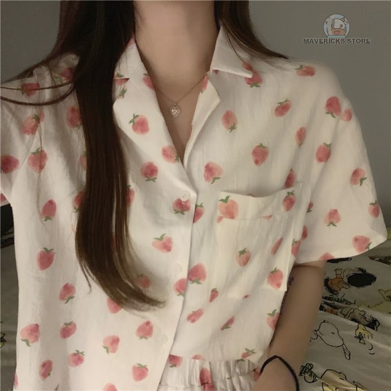 Bộ đồ ngủ ngắn tay họa tiết dâu tây dễ thương phong cách Hàn Quốc thời trang mùa hè cho nữ