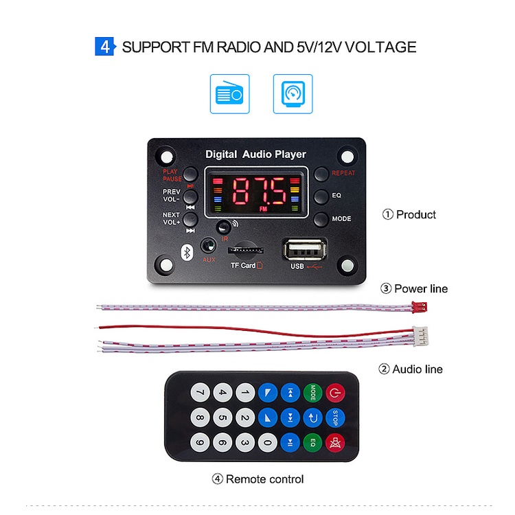 Bảng Mạch Giải Mã Bluetooth 5V 12V MP3 WMA MP3 USB TF FM Radio Kèm Điều Khiển Từ Xa Cho Xe Hơi