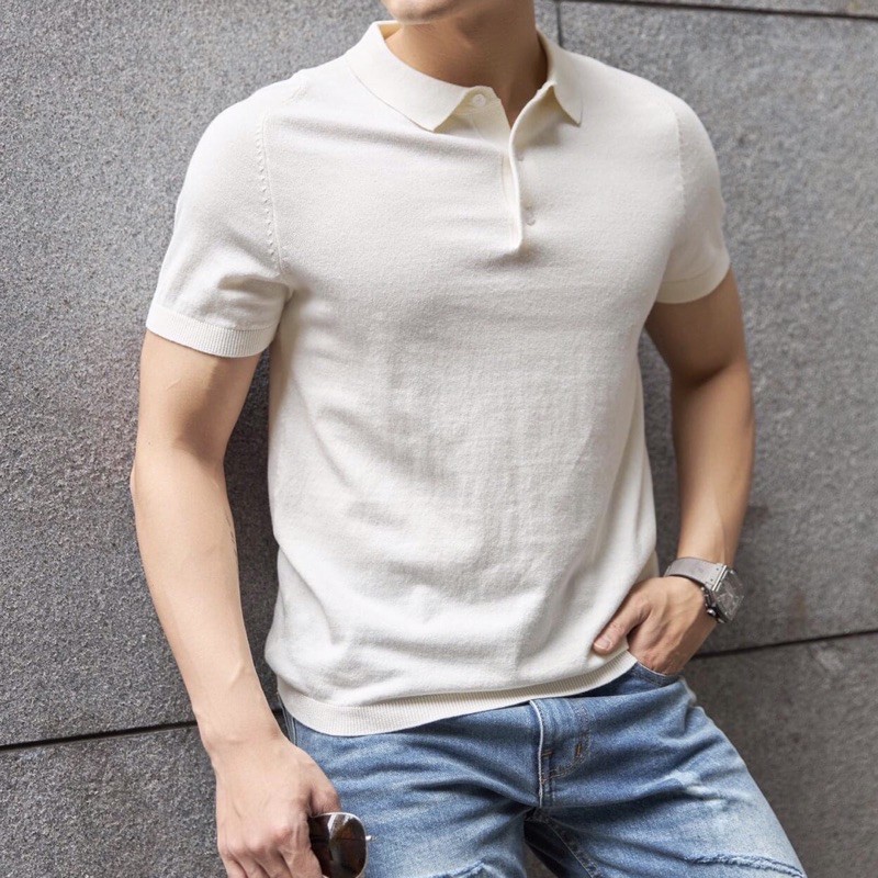 Áo Polo nam trơn basic vải dệt kim mongtoghi Cotton Trắng/Ghi