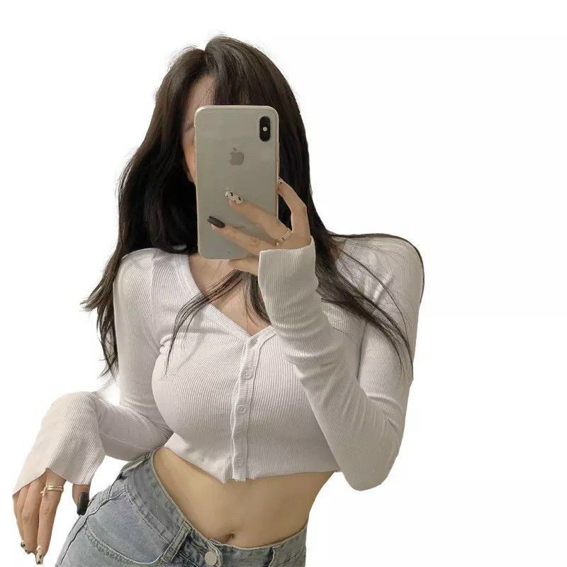 Áo Croptop Tay Dài Phối Cổ Chữ V Quyến Rũ LaCa E1-1 Áo Len Tăm Cổ V Dài Tay