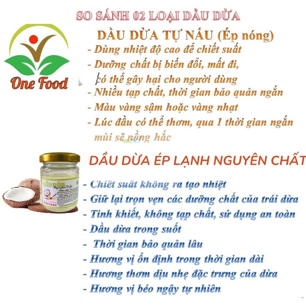 Dầu Dừa Nguyên Chất, Tinh dầu dừa hữu cơ ép lạnh,OneFood68