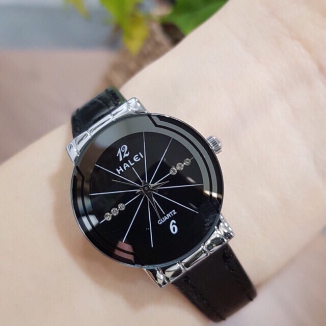 Đồng hồ nữ Halei nữ mặt đen dây da siêu bền