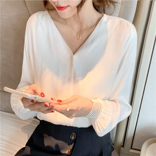Áo sơ mi nữ tay dài cổ chữ v thời trang công sở thanh lịch
