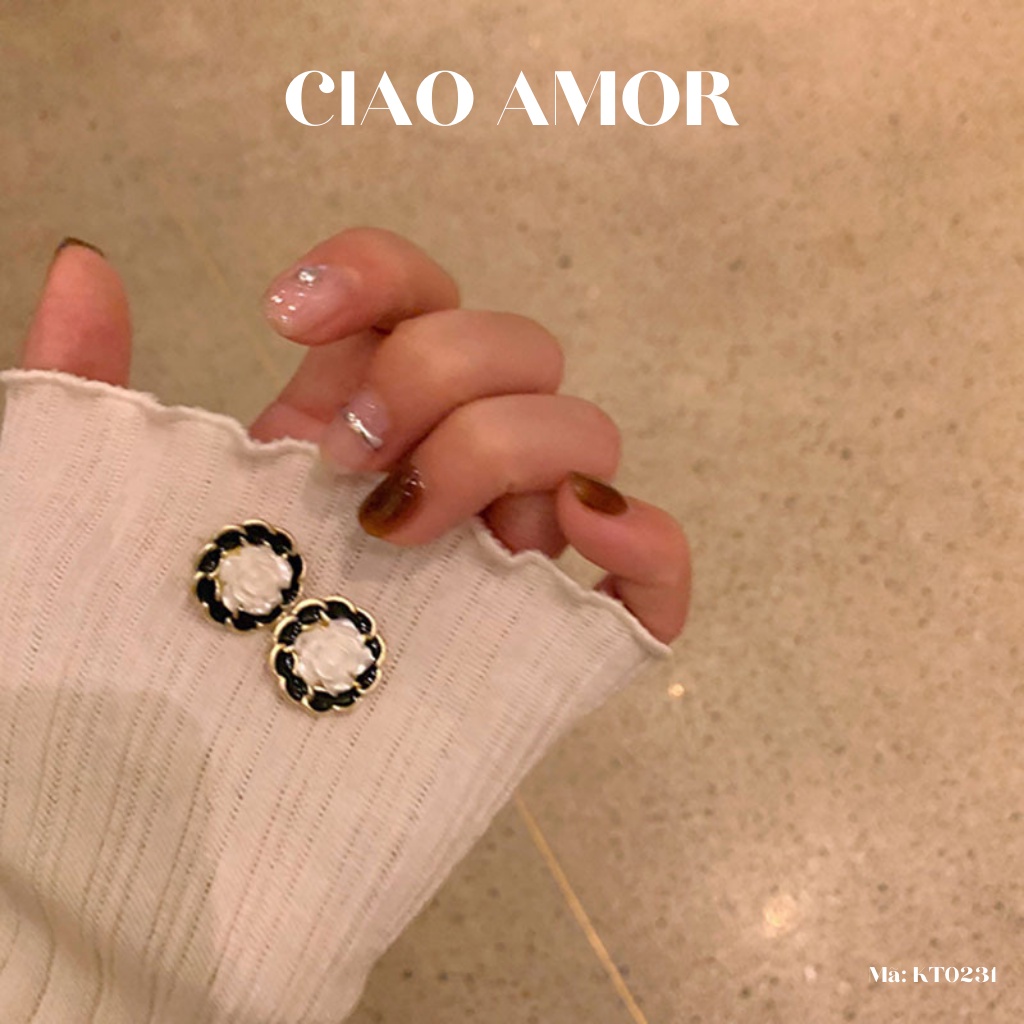 KT0231-Khuyên tai nữ, Hoa tai bạc 925 hoa hồng trắng viền đen Trang sức Ciao Amor
