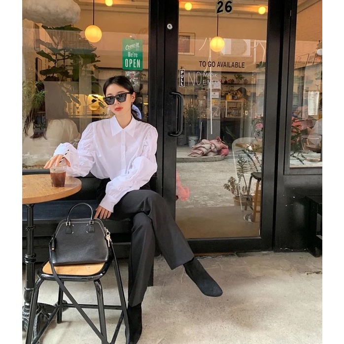 Áo Sơ Mi Trắng Tay Bồng Nữ Tiểu Thư Cổ Bẻ Dài Tay Cài Cúc Dáng Công Sở Bánh Bèo Style Hàn Quốc Chất Đẹp Dễ Mix Đồ