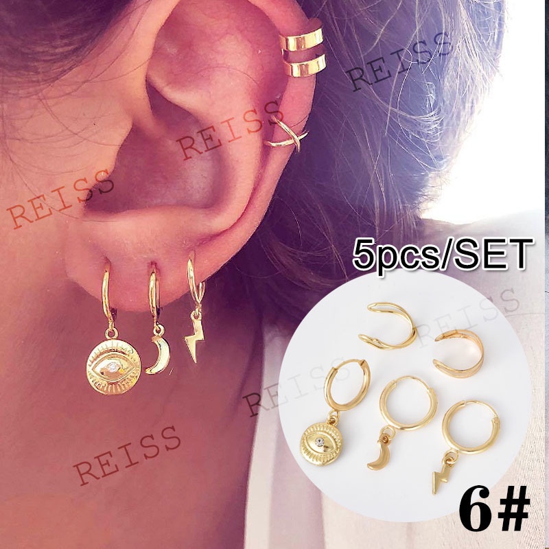 Bộ Khuyên Tai Tròn Mini Đơn Giản Màu Vàng/Bạc Họa Tiết Bướm/Bướm Đính Đá Dành Cho Nam Và Nữ