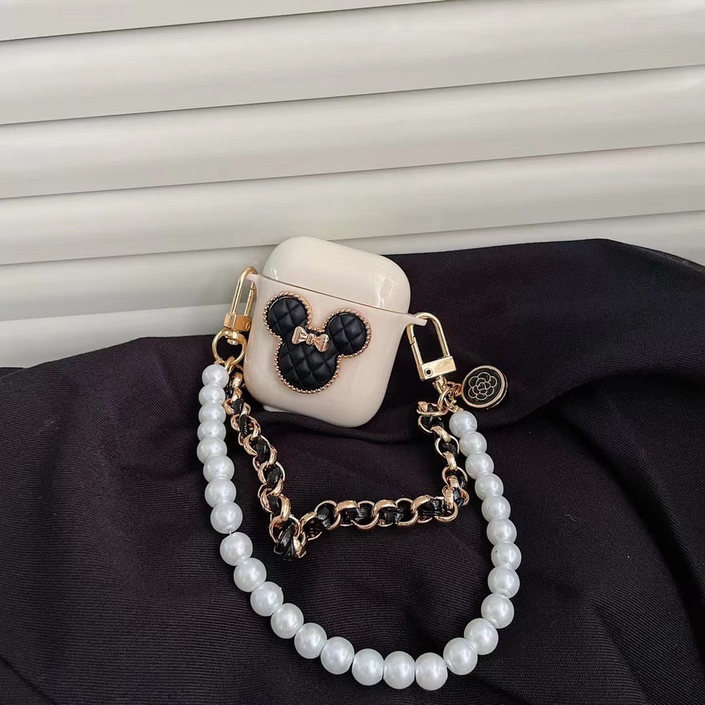 Vỏ Bảo Vệ Hộp Sạc Tai Nghe Bluetooth Mềm Hình Đầu Chuột Mickey Màu Đen Kèm Dây Xích Cho airpods1/2 Pro 3