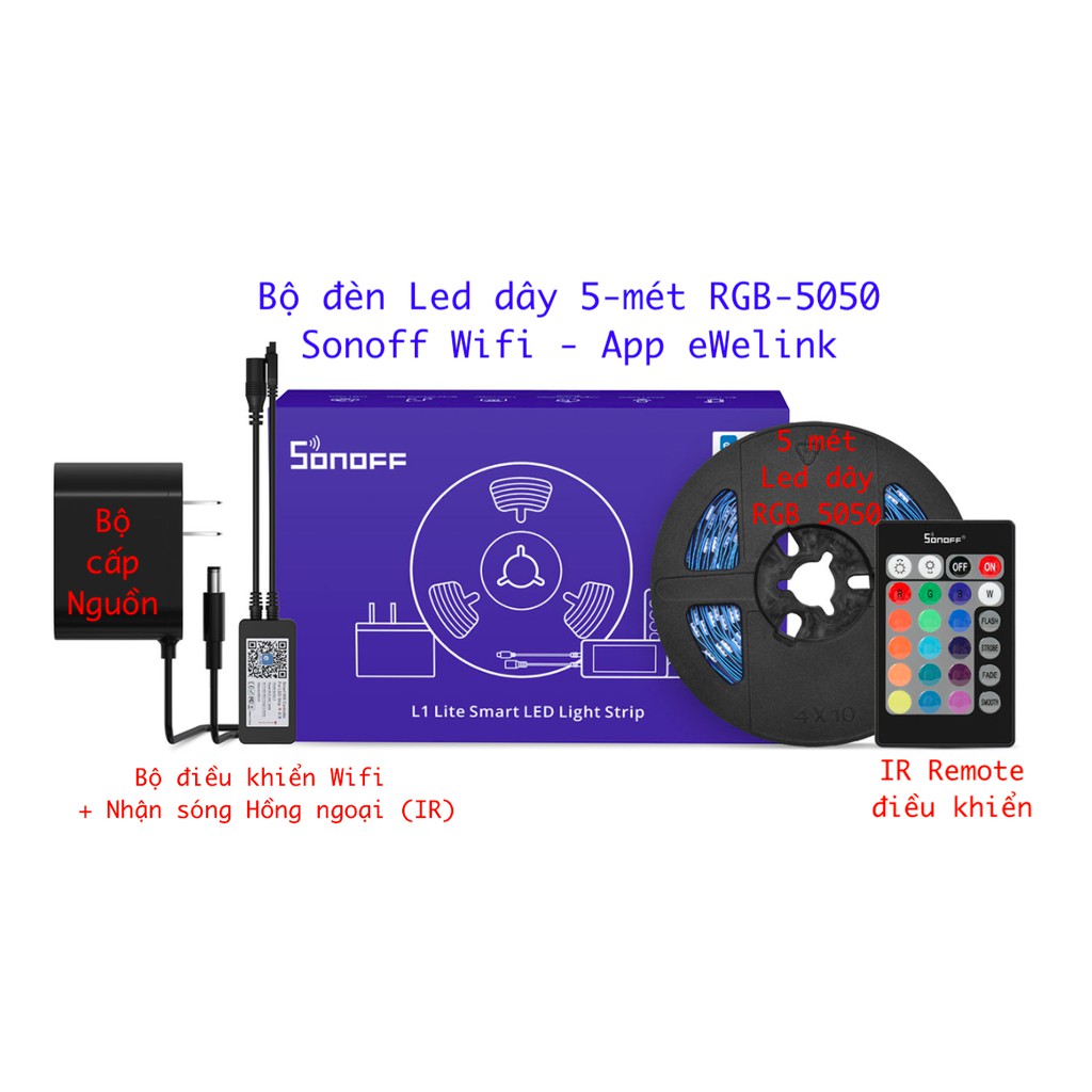 Bộ đèn Led dây 5m thông minh Sonoff L1 Lite, kết nối Wifi, dùng App eWelink.