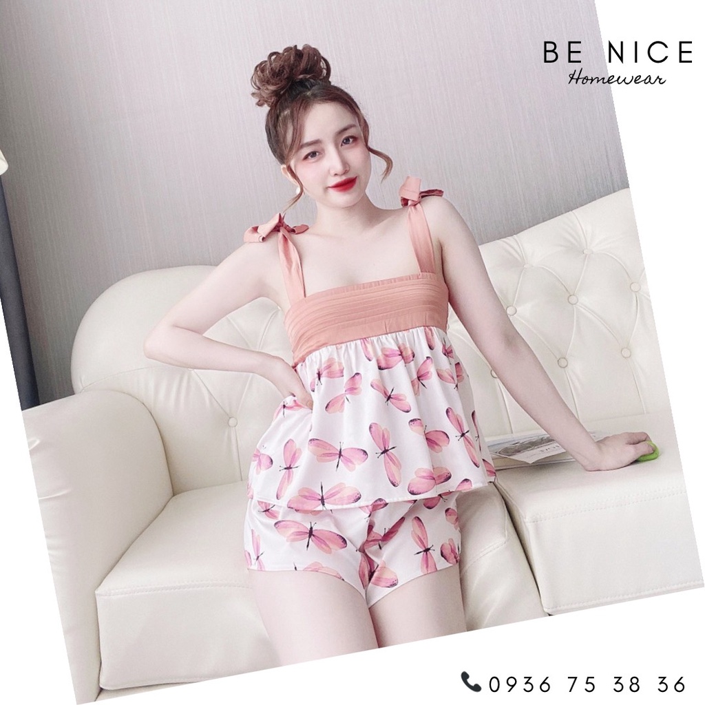 Bộ lụa mặc nhà cột nơ vai nhiều họa tiết xinh xắn cho nàng nhà Be Nice Homewear