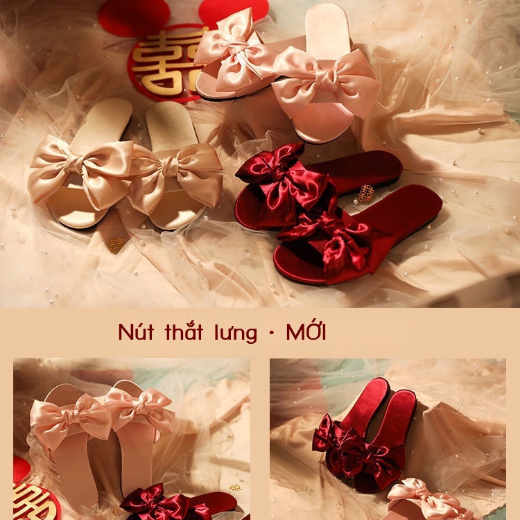 [Aishang Đẹp Mắt] Dép Lê Đính Nơ Satin Đỏ Phù Dâu Phù Dâu Phù Dâu Đám Cưới Phong Cách Mới Dành Cho Nữ