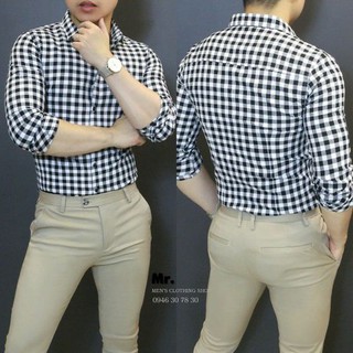 Áo sơ mi nam kẻ caro màu đen chất thô dáng vừa cho mọi lứa tuổi