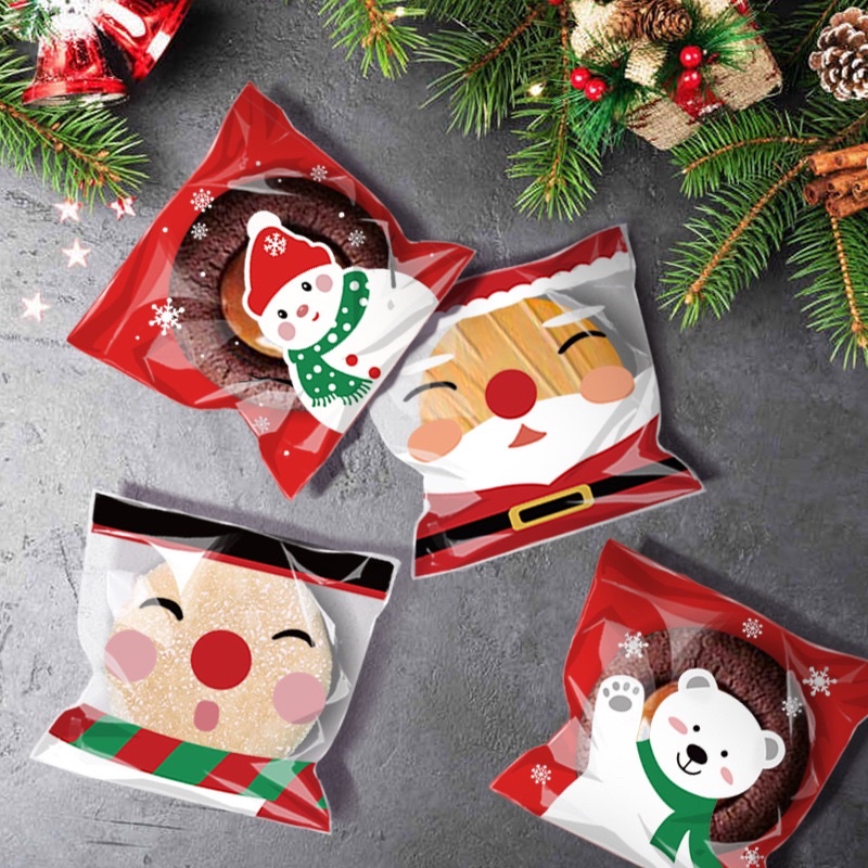 Set 10, 20, 50 túi đựng bánh cookie, quà tặng ông già Noel đỏ Xmas 10 x 10 cm