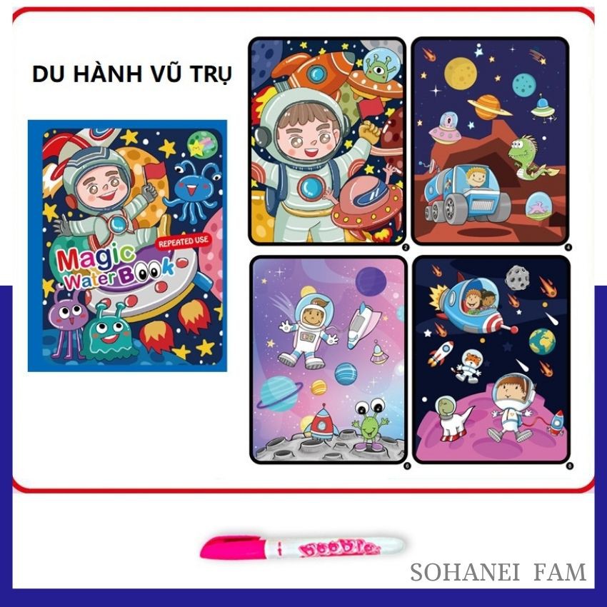 Tranh Sách Tô Màu Nước Ma Thuật Kèm Bút Nước Có Thể Tái Sử Dụng, Không Cần Thay Mực, Không Sợ Vây Bẩn - SOHANEI FAM