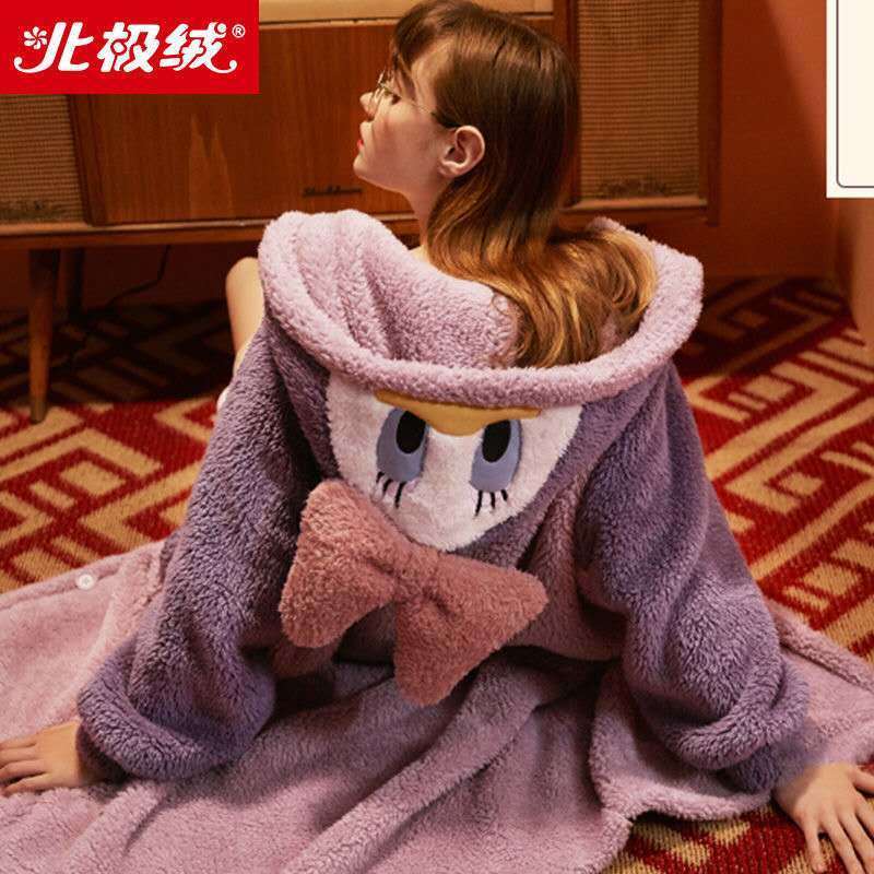 Áo Choàng Ngủ Lông Cừu San Hô Dày Dài Họa Tiết Hoạt Hình Thời Trang Thu Đông Cho Nữ