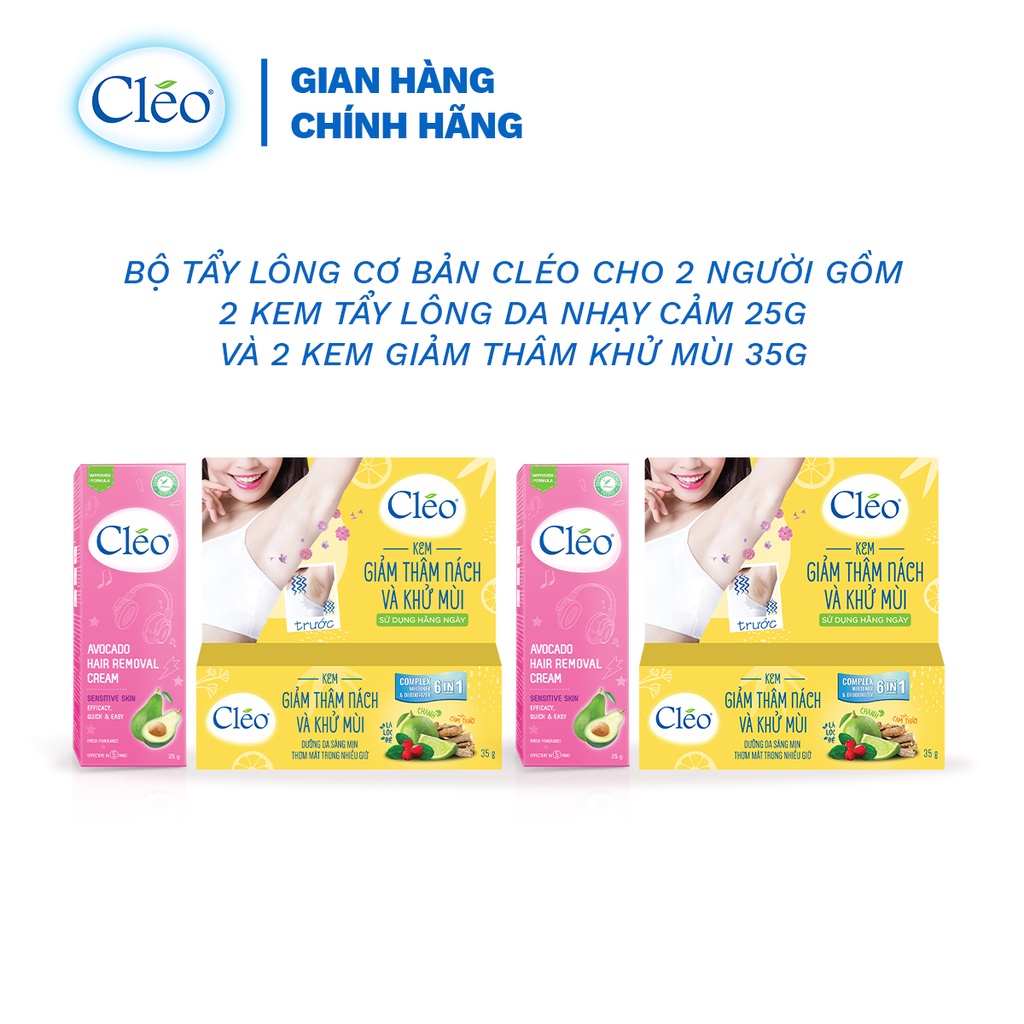 Bộ tẩy lông nách cơ bản Cleo cho 2 người gồm 2 kem tẩy lông nách da nhạy cảm 25g và 2 kem giảm thâm khử mùi 35g