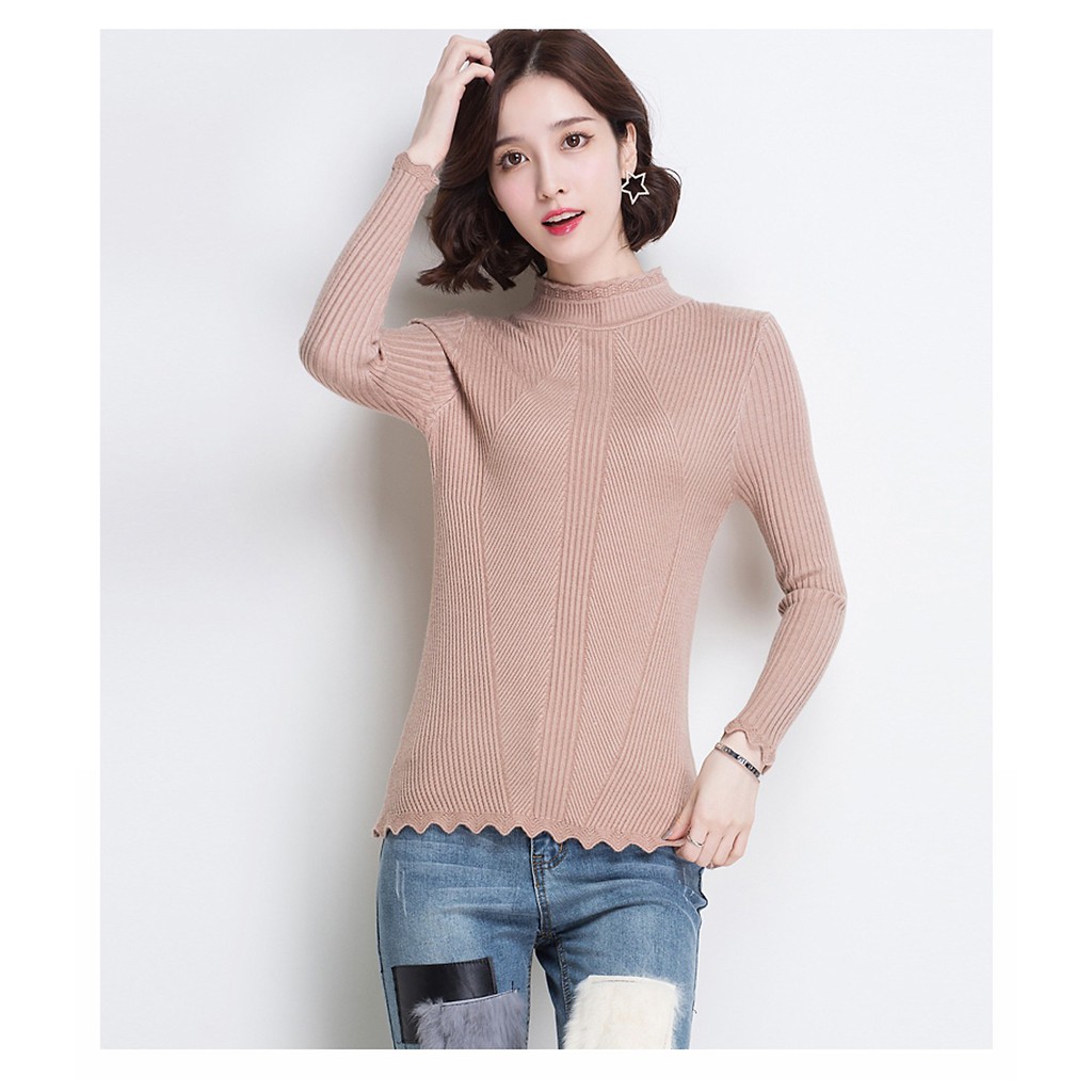Áo len nữ cổ tròn trơn ôm kiểu dáng trẻ trung phong cách Hàn Quốc