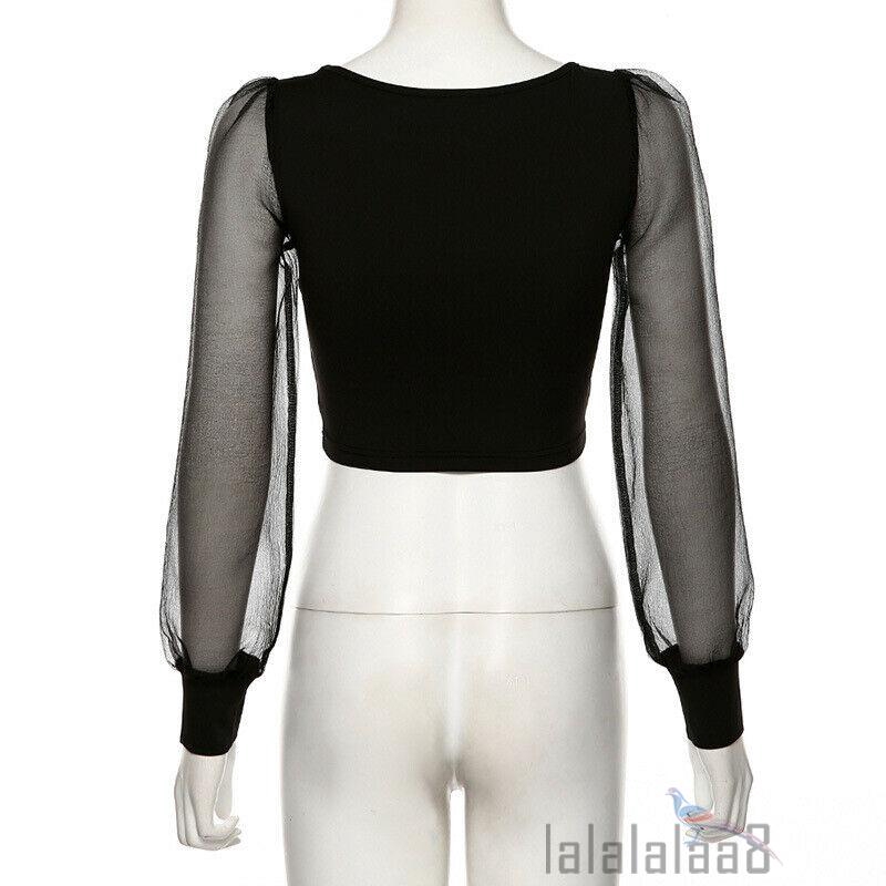 ☆➔❤Sexy Lady Perspective Transparent Mesh Long Sleeve Party Club Cropped Top | BigBuy360 - bigbuy360.vn