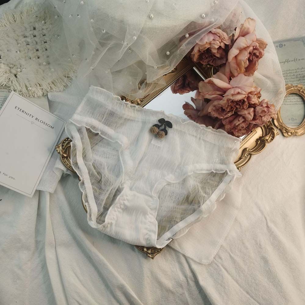 Quần Lót Cotton Viền Ren Nhún Bèo Họa Tiết Quả Cherry Thoáng Khí Gợi Cảm Cho Nữ