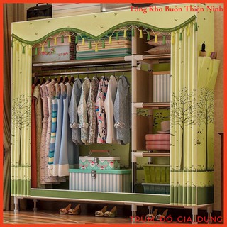 Tủ vải khung inox 2 buồng 6 ngăn, tủ vải đựng quần áo cao cấp