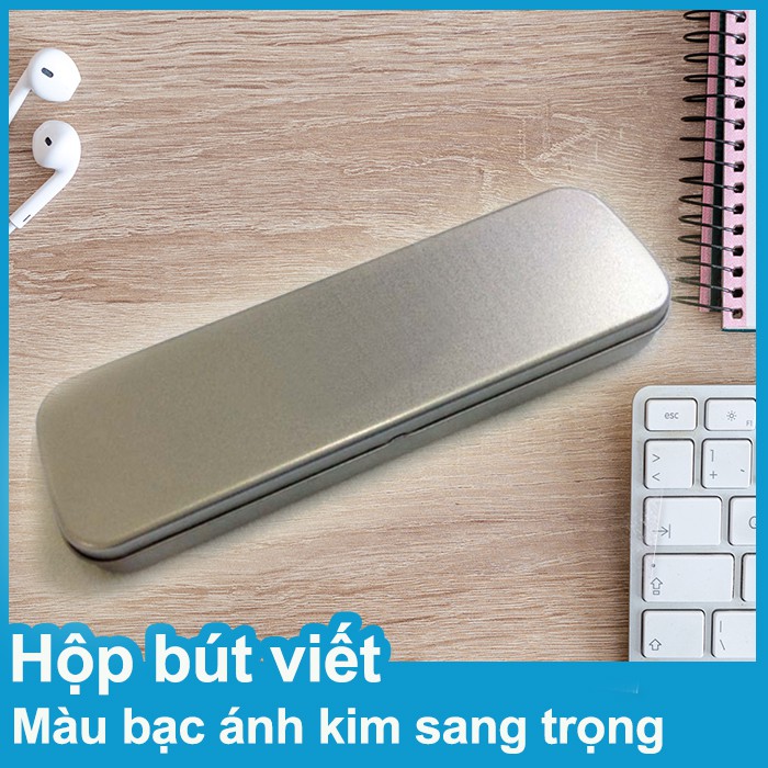 Hộp đựng bút viết Nhật Bản màu bạc ánh kim sang trọng