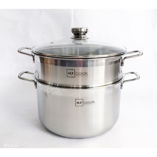 Bộ nồi xửng hấp inox HT Cook 1 đáy bếp từ nắp kính 26cm | 28cm | 30cm | 32cm