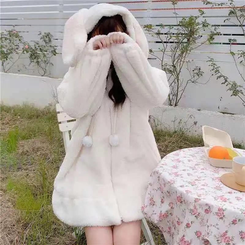 ☄Áo Hoodie Lông Cừu Dày Dặn Đính Tai Thỏ Dễ Thương Phong Cách Nhật Bản Cho Nữ 2021
