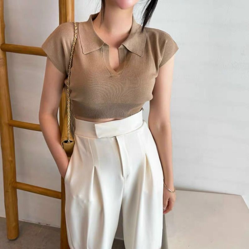 Áo len motoghi cổ bẻ croptop hàng QC