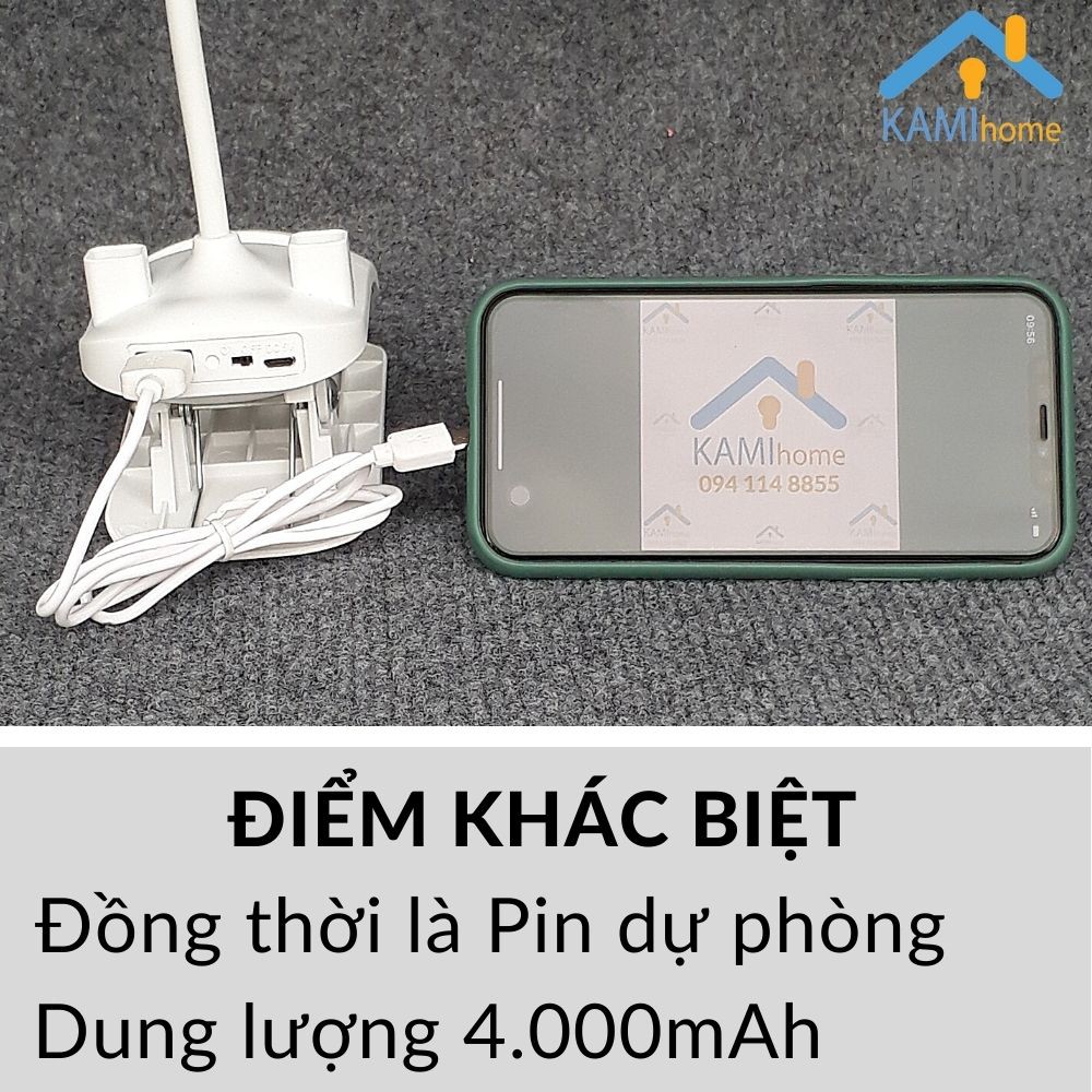 Đèn học sạc tích điện chân kẹp bàn Kiêm Quạt mini Pin dự phòng Kami36023a