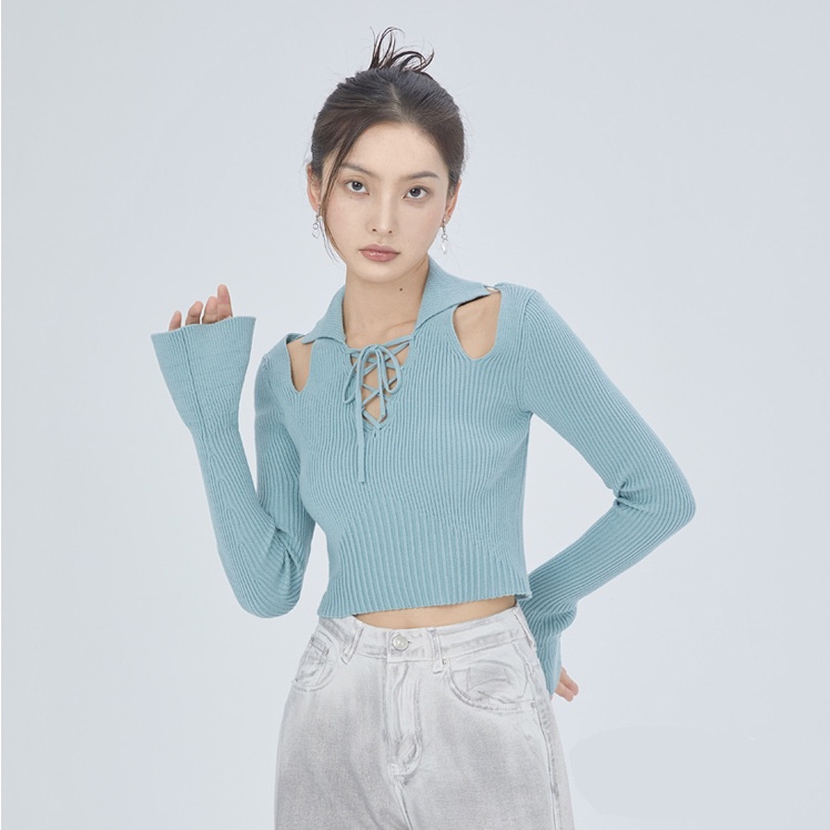 SUXI Áo Sweater Dệt Kim Tay Loe Dài Cổ Chữ V Thiết Kế Trễ Vai Thời Trang Thu Đông Cho Phái Nữ