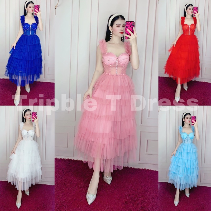 Đầm xoè dự tiệc xếp tầng kết cườm TRIPBLE T DRESS -Size M/L - MS160V