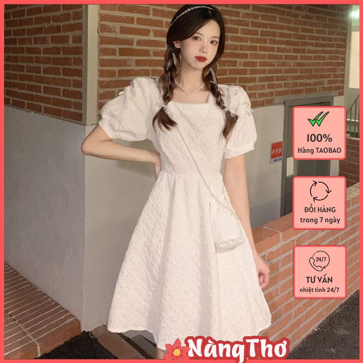 Váy Tiểu Thư Cổ Vuông Đính Hạt, Tay Phồng Gắn Nơ Tặng Kèm Túi Xách Nhỏ, Có Big Size (Feedback Ảnh Cuối)